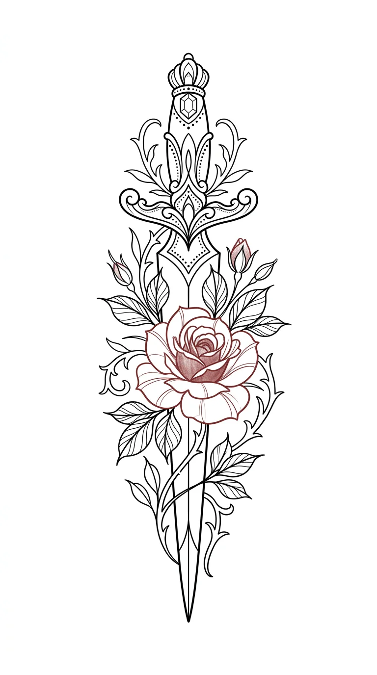 Dagger and rose fine line tattoo stencil tattoo idea for forearm