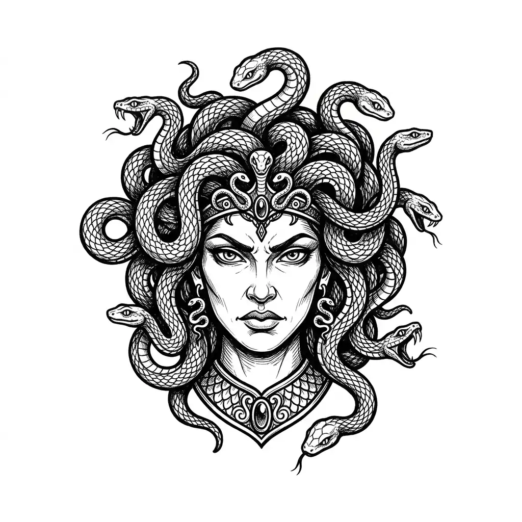 Color medusa tattoo idea for collarbone