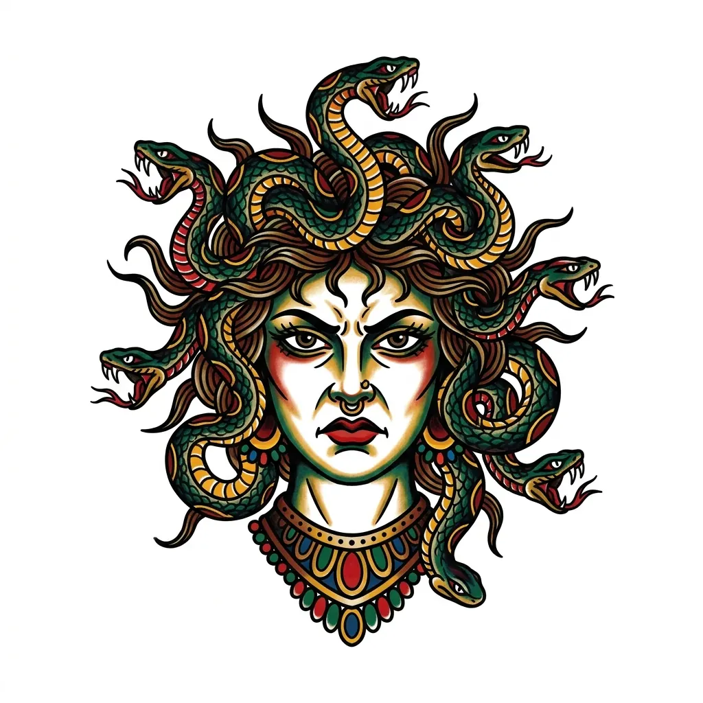 Traditional medusa tattoo idea for back