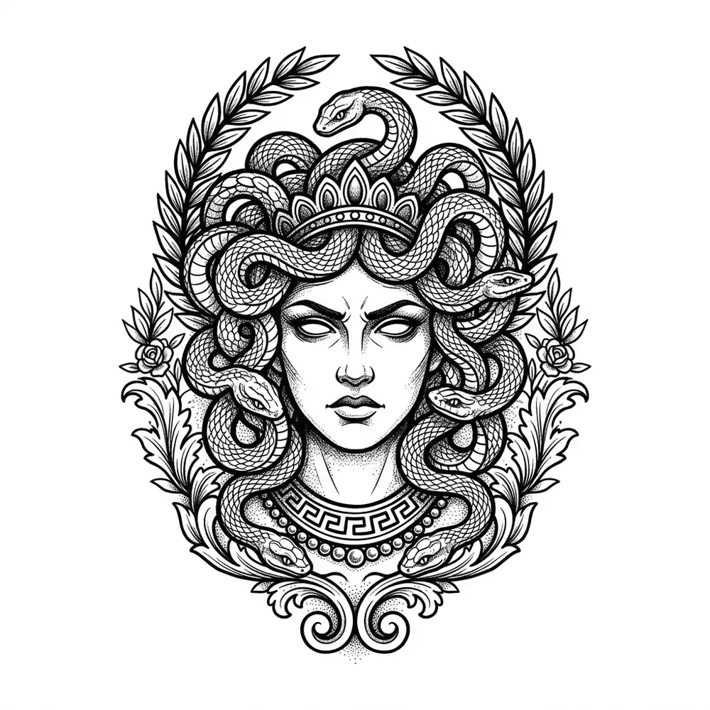 Color medusa tattoo idea for collarbone