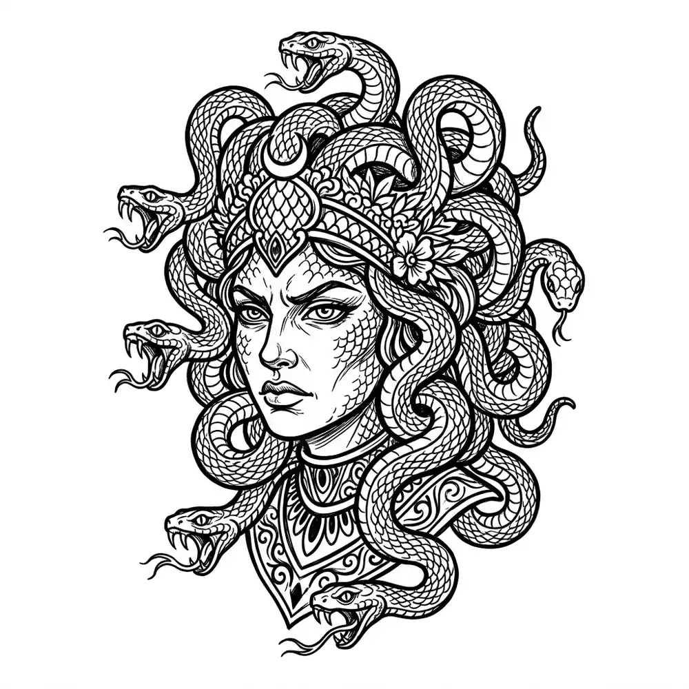 Color medusa tattoo idea for collarbone