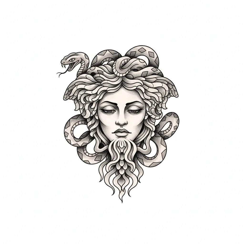 Traditional medusa tattoo idea for back
