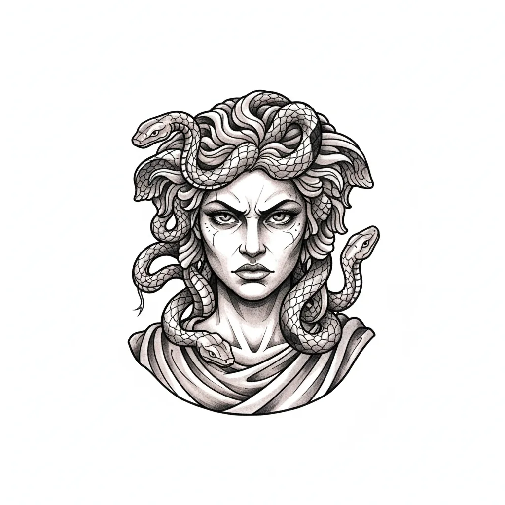 Color medusa tattoo idea for collarbone