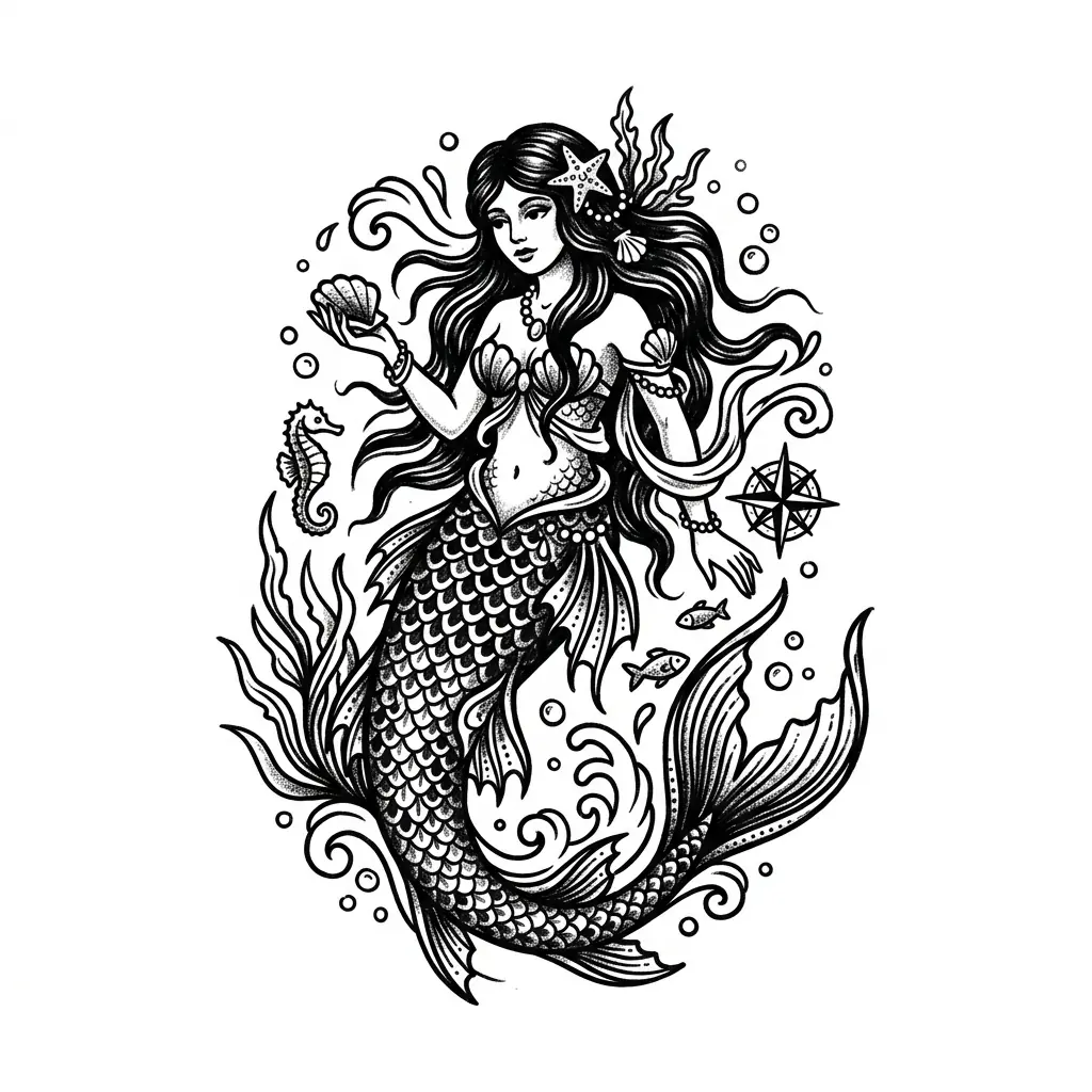 Fine-line mermaid tattoo idea for forearm