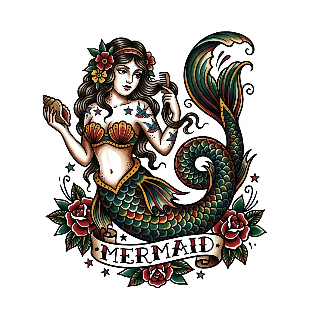 Blackwork mermaid tattoo idea for wrist