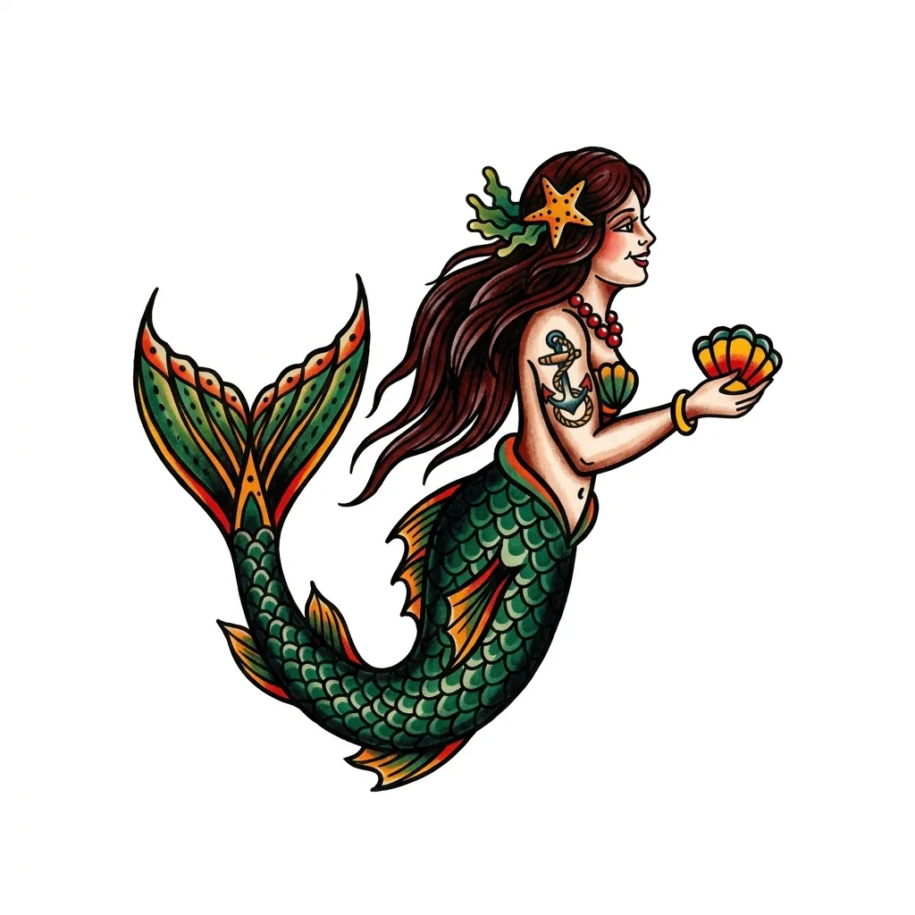 Traditional mermaid tattoo idea for back