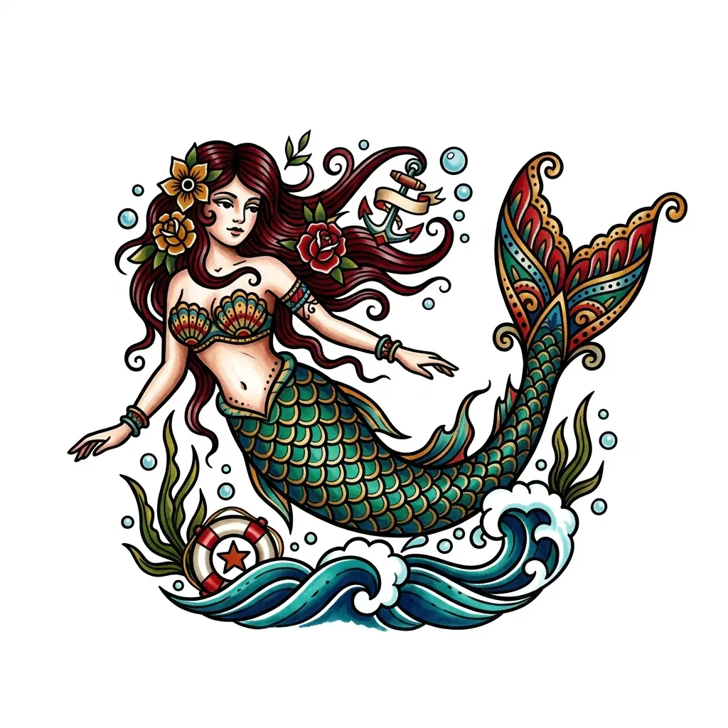 Geometric mermaid tattoo idea for upper arm