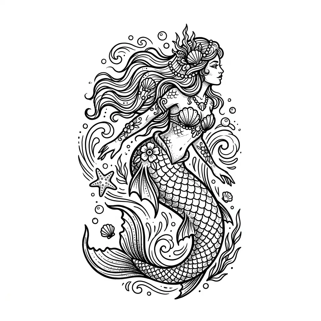 Fine-line mermaid tattoo idea for forearm