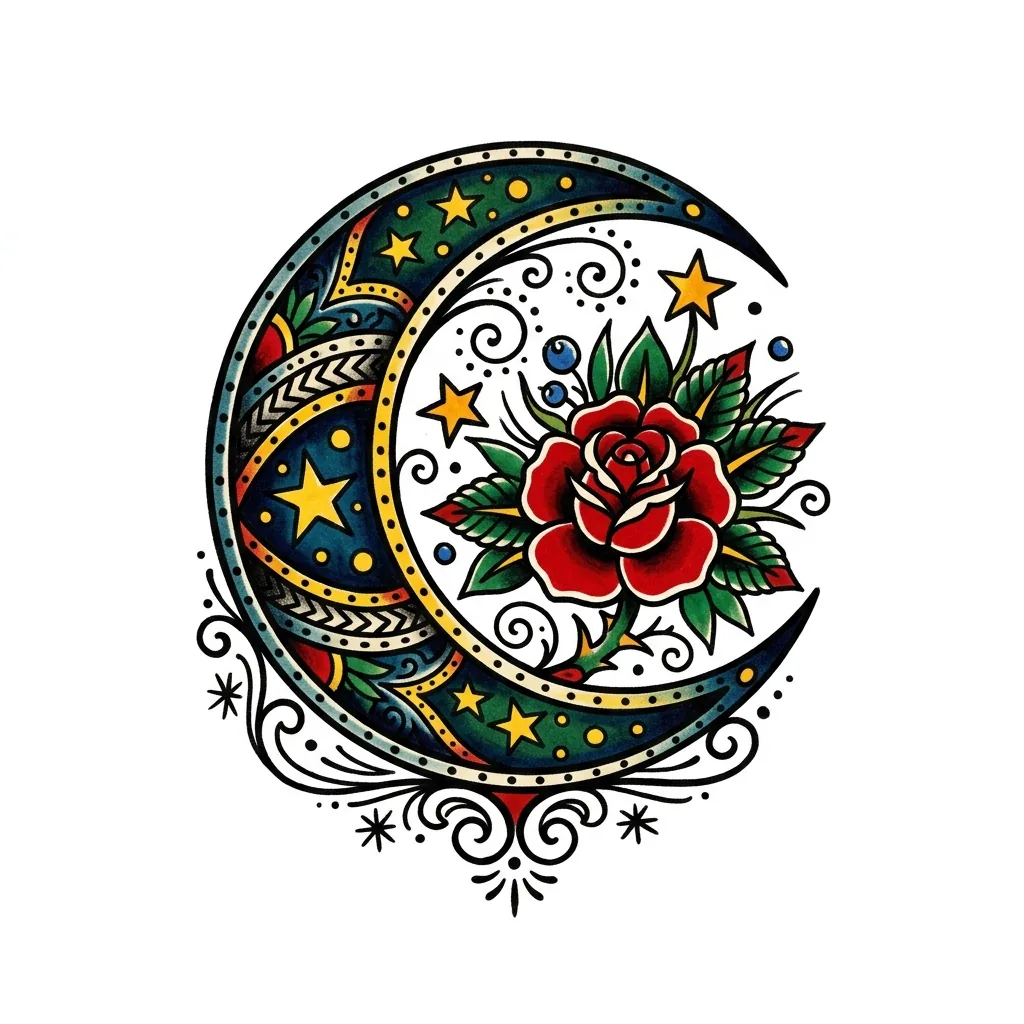 Traditional moon tattoo idea for back