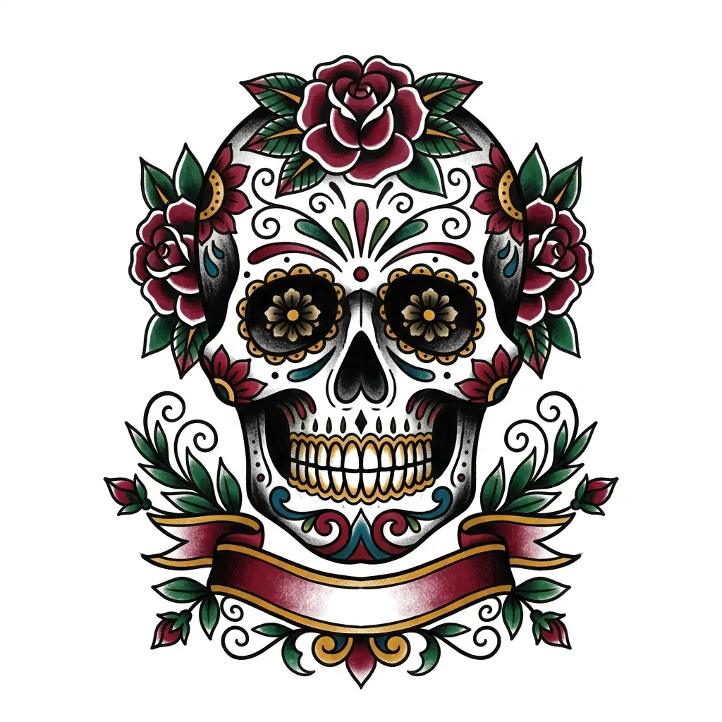 Traditional skull tattoo idea for back