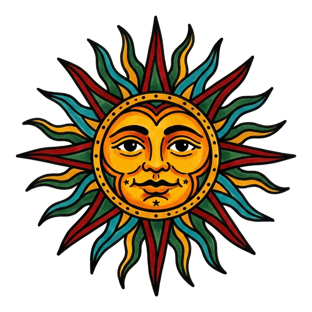 Traditional sun tattoo idea for back