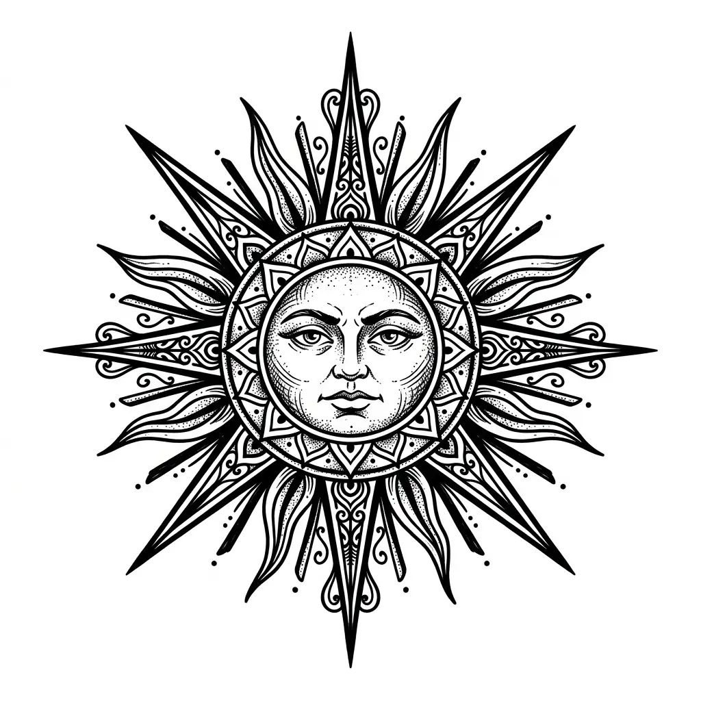 Traditional sun tattoo idea for back