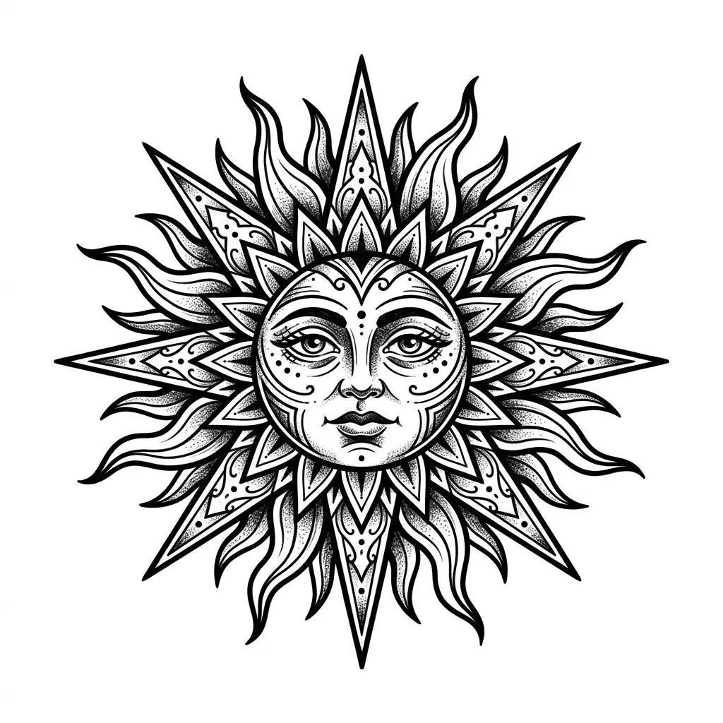 Realistic sun tattoo idea for shoulder