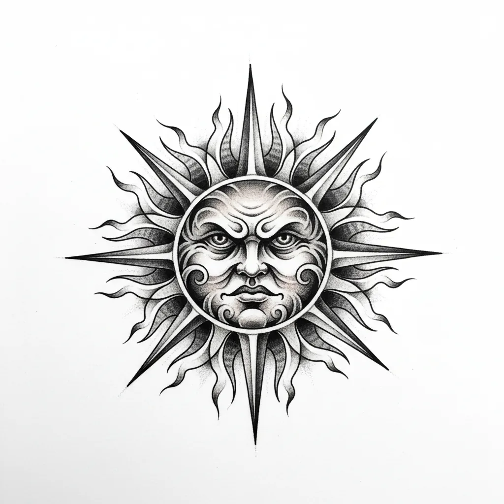 Traditional sun tattoo idea for back