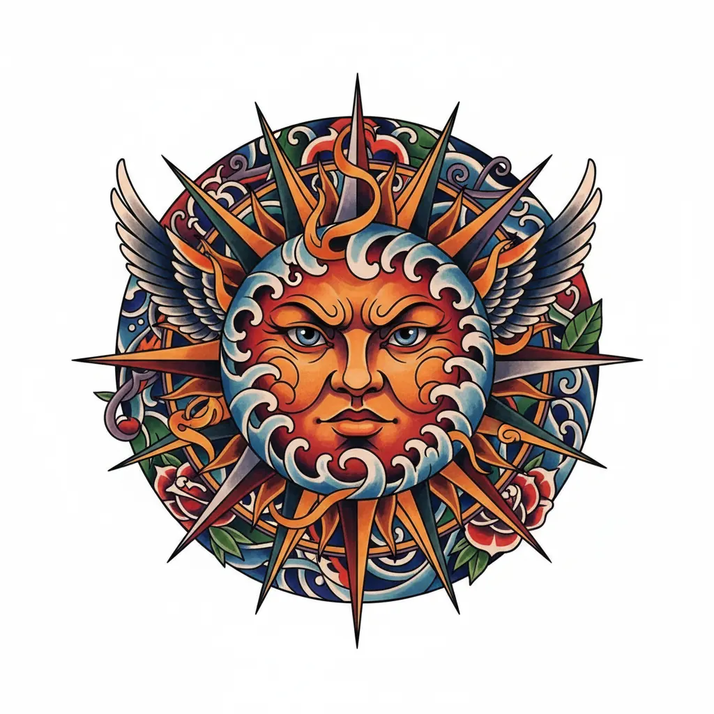 Geometric sun tattoo idea for upper arm