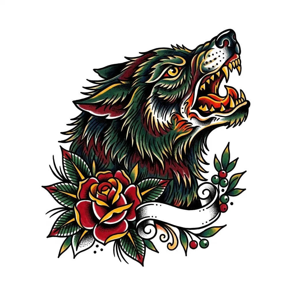 Traditional wolf tattoo idea for back